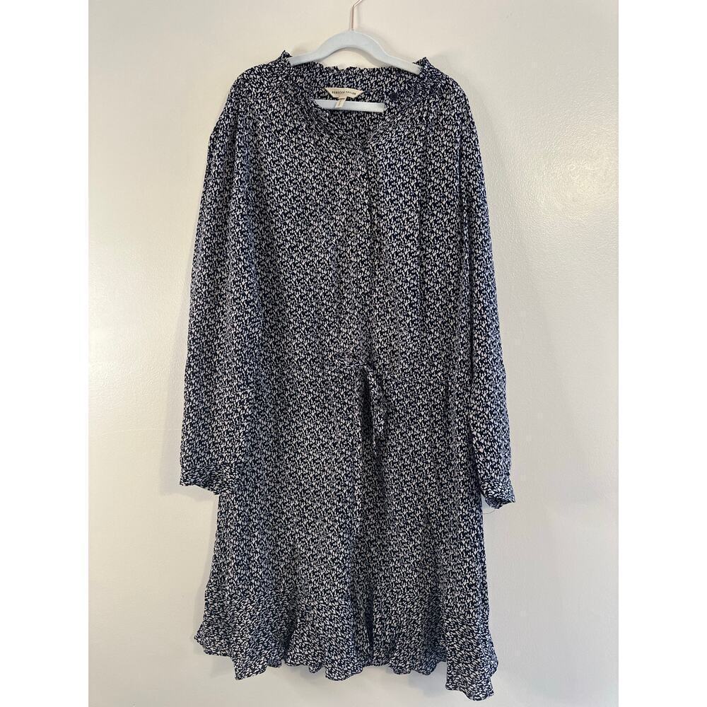 Rebecca Taylor Static Print Long Sleeve Silk Ruffle Tie Waist Shirt Dress 4